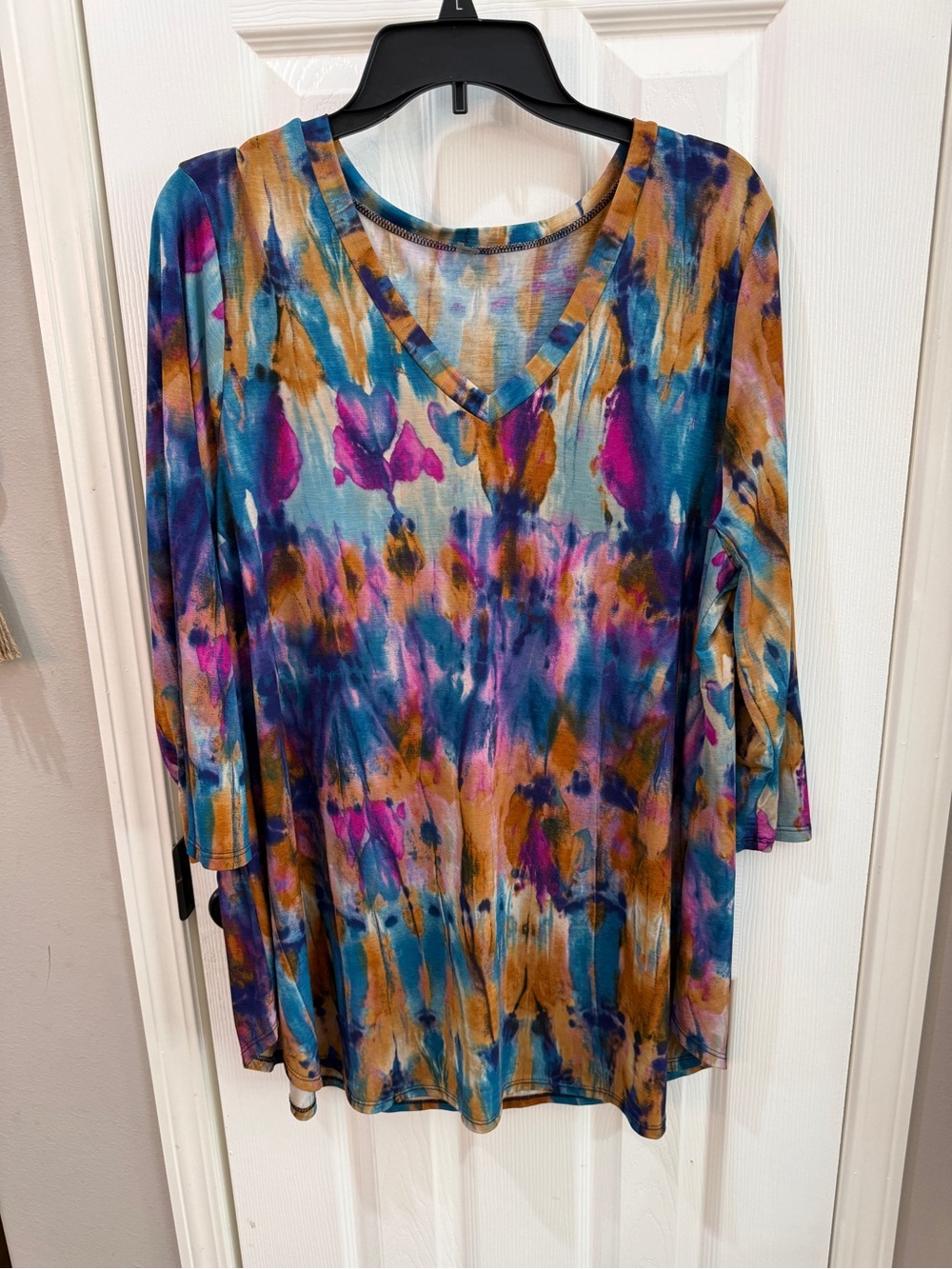 Women's V-Neck Long Sleeve Tie-Dye Top in Teal, Magenta & Mustard